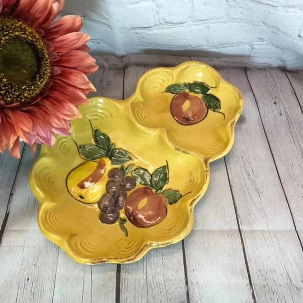 vtg maurice Pottery of california divided dish painted fruit cottage farmhouse